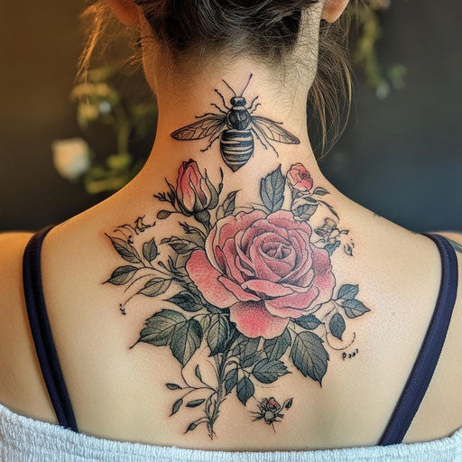 Rose neck tattoo in the style of Maria Sibylla Merian with a rose and detailed insect