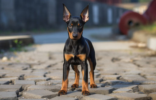 Black and tan doberman standing on paved path