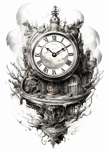 Engraved clock, layered texture, aerial view 23:32