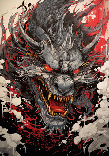 Animal dragon painted black and red, Jim Mahfood style