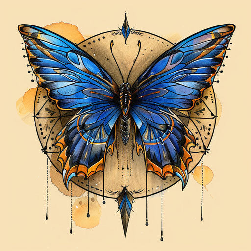 Exotic blue butterfly with tribal patterns and rich earth tones
