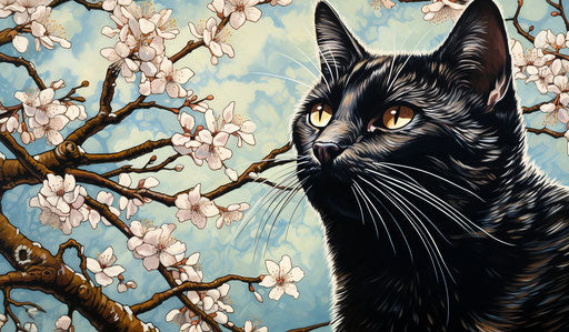 Cat sniffing cherry tree blossom, trad goth style