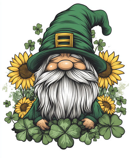 St. Patrick's Day Gnome, sunflowers, and clover in a hat vector illustration