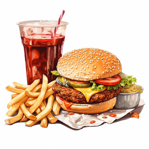 Fast food clipart in the style of oil painting on white