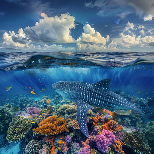 Whale shark near a coral atoll