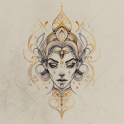 Art deco flat tattoo sketch of a neda tattoo with gold lines