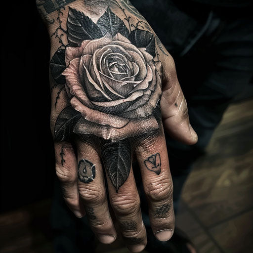 Rose hand tattoo in the style of Ami James featuring a black and grey realistic rose