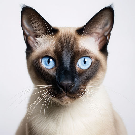 Female stray siamese small brown and white cat, on white background, delicate markings
