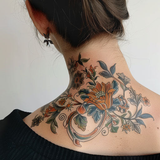 Throat tattoos with floral designs