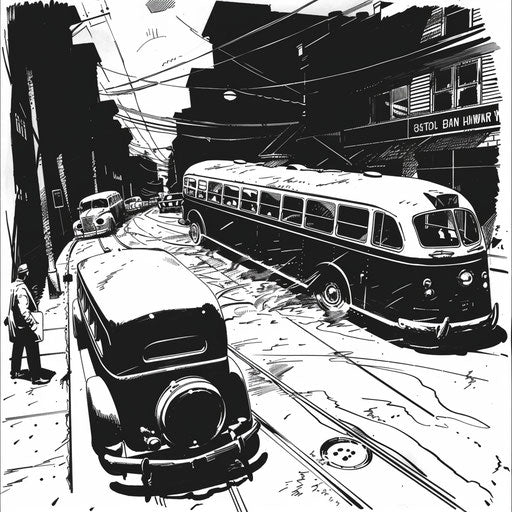 Noir detective story with buses in Mark Schultz coloring book style