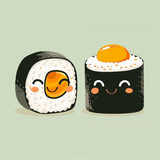 Two cute smiling sushi rolls in clipart style, one grey and the other white with an orange yolk