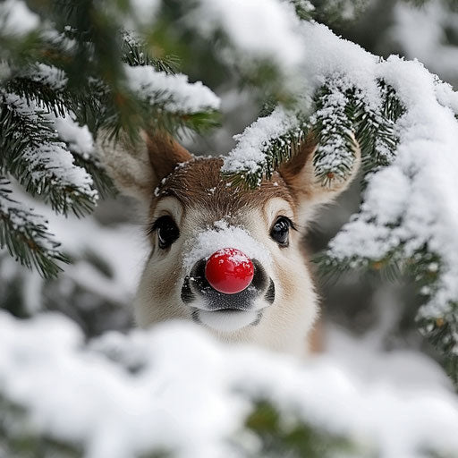 Rudolph behind a snow-covered pine tree, his red nose contrasting with the white snow.