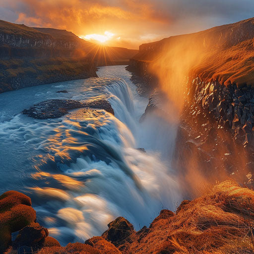 Gullfoss Falls, Iceland, sunrise with golden light