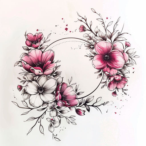 Elegant flat tattoo sketch of a floral wreath circle