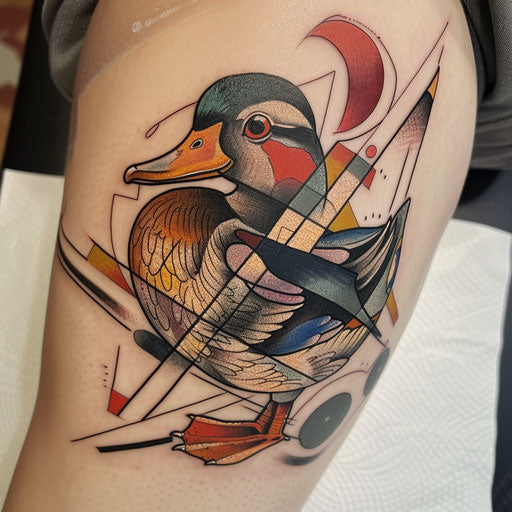Duck tattoo inspired by Art Deco, bold geometric shapes, metallic colors