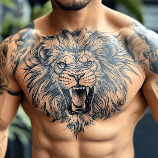 Lion chest tattoo with fierce roaring lion