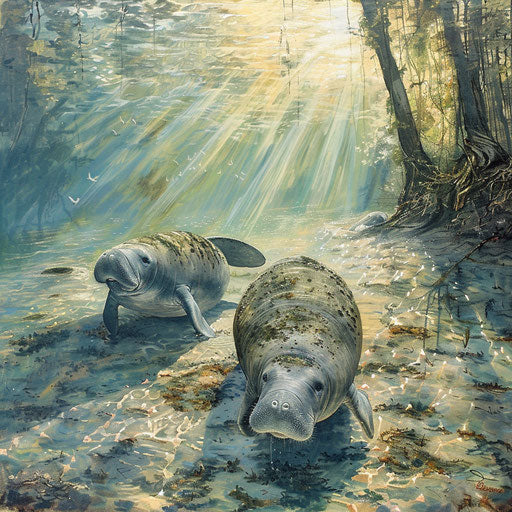 Manatees in shallow, sunlit water