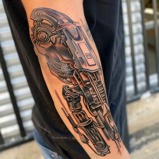 Biomechanical arm tattoo inspired by Adrian Smith's style
