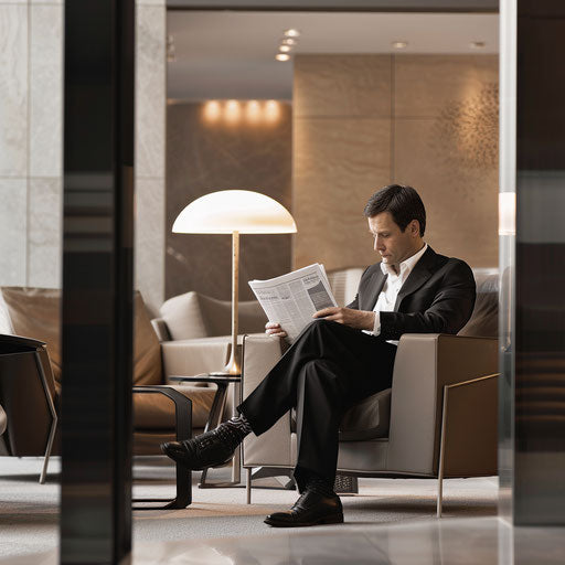 A businessman reading a newspaper in a sophisticated lounge