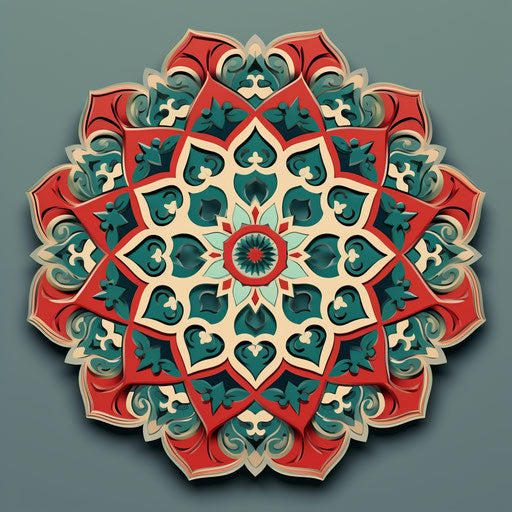 Luxurious green and red Iranian ornament in dark turquoise and beige