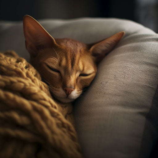Abyssinian cat asleep on a couch with its owner