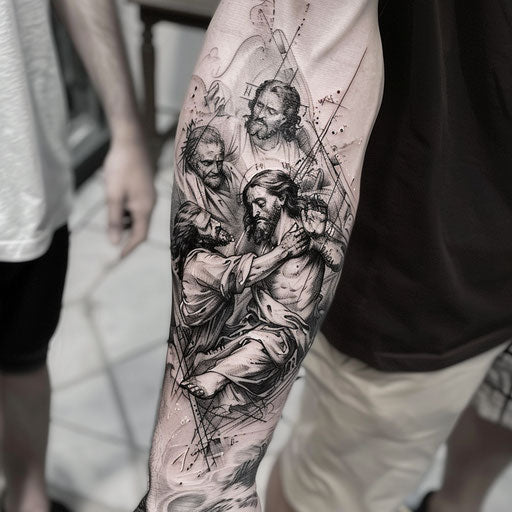 Flat tattoo sketch in chiaroscuro style of Judas' betrayal