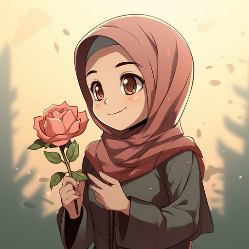 Muslim girl holding a flower, light red and dark gray style