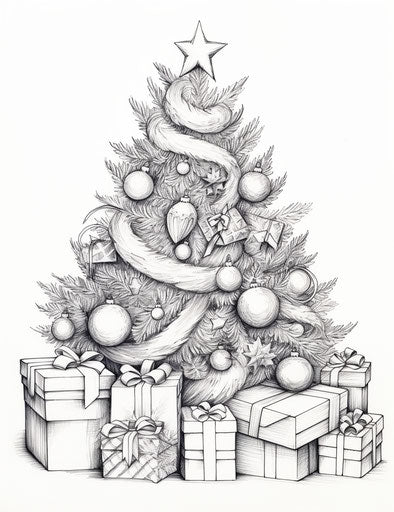 Christmas tree with presents, dotted design coloring page