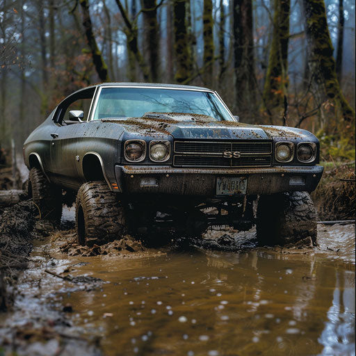 Classic 1977 Chevelle with fat tires and lifted suspension tackling muddy off-road trail