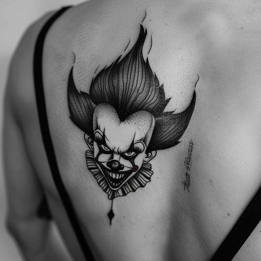 Tribal clown tattoo, bold patterns and sharp lines on white