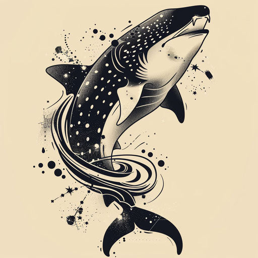 Dynamic sketch of a whale shark with swirling abstract ocean currents