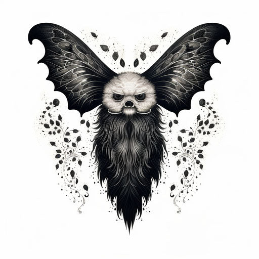 Black and white moth with long beard, skull motifs style