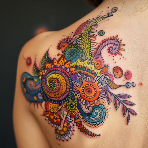 Abstract and colorful tattoos with intricate details