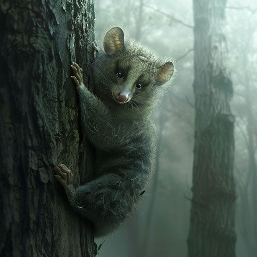 Possum clinging to a tree trunk with misty background