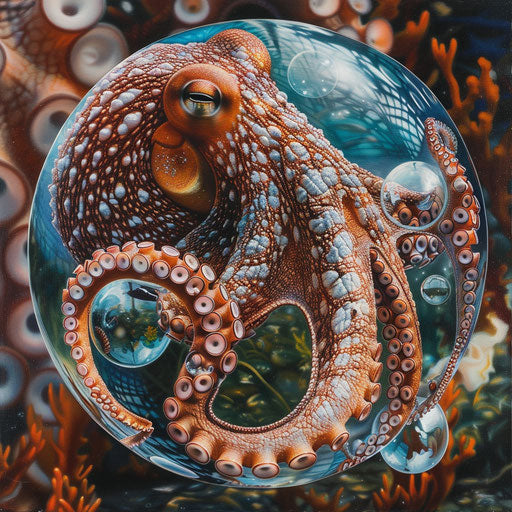 An octopus observing its reflection in a bubble, a moment of self-awareness beneath the waves.