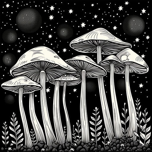Mysterious mushroom forest at night in the style of Ruben Ireland, dark and ethereal, Coloring book page