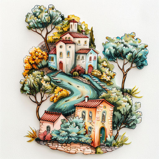 Tattoo of traditional Italian countryside, pastel colors, white background