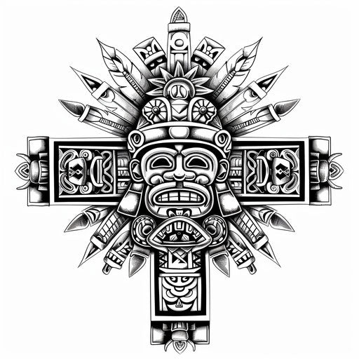 Exotic flat tattoo sketch of the Cruz enhanced with traditional Aztec or Mayan patterns
