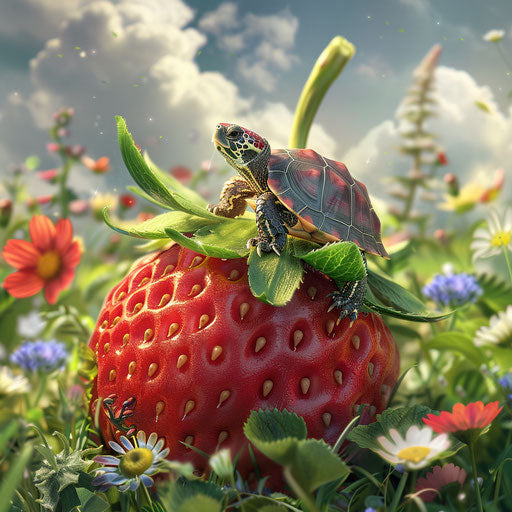 The small turtle perched on a big strawberry, surrounded by flowers