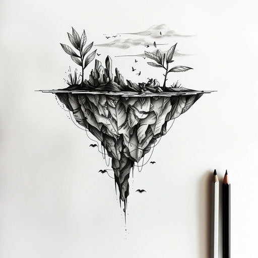 Floating sage leaf island - surreal flat tattoo sketch