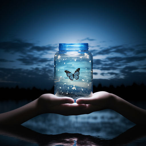 Butterfly in jar with rainbow and luminous