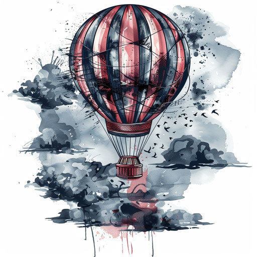 Chic tattoo sketch of a stylish hot air balloon floating in a cloudy sky, in red and blue, clipart style