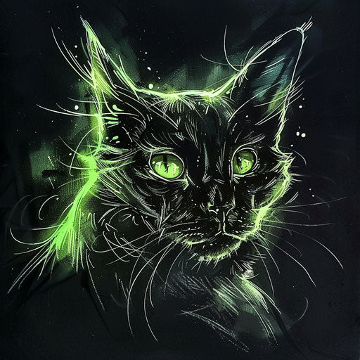 Mysterious tattoo sketch of a cat with glowing eyes