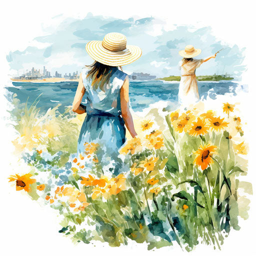 Summer images in Impressionistic Art style, on white background
