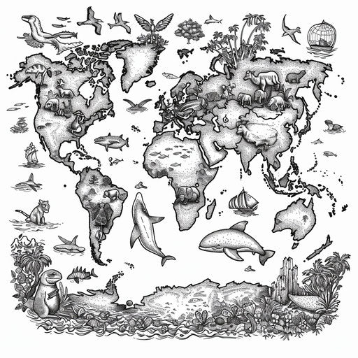 Map of the world with animals representing continents. Coloring page