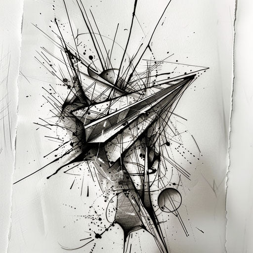 Expressive sketch of a tattoo of a paper airplane with dynamic splatter and drip effects in black ink