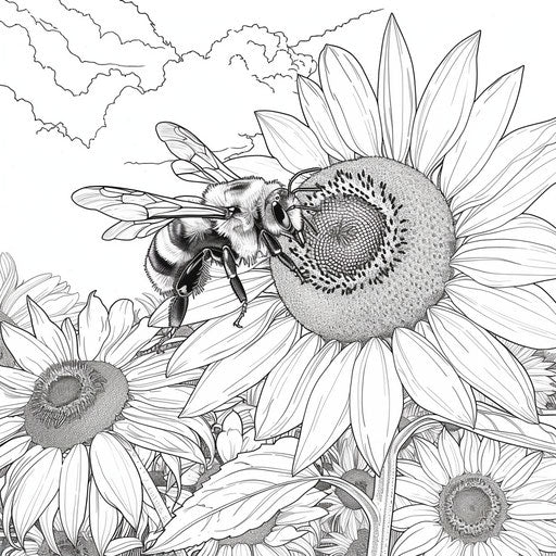 Bee on sunflower with clear sky, coloring book page