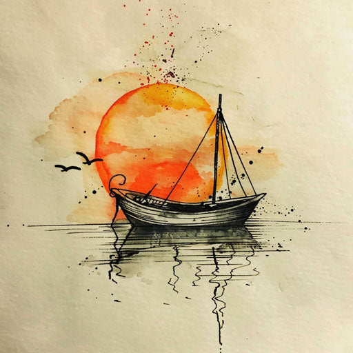 Stylish flat tattoo sketch with watercolor effects of boat under serene sunset