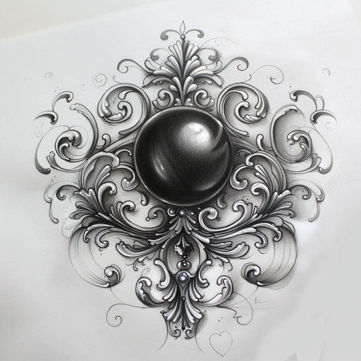 Elegant flat tattoo sketch of a black pearl surrounded by swirling silver