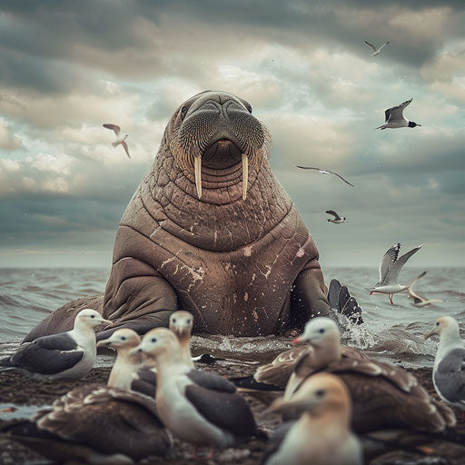 A playful walrus interacting with seabirds